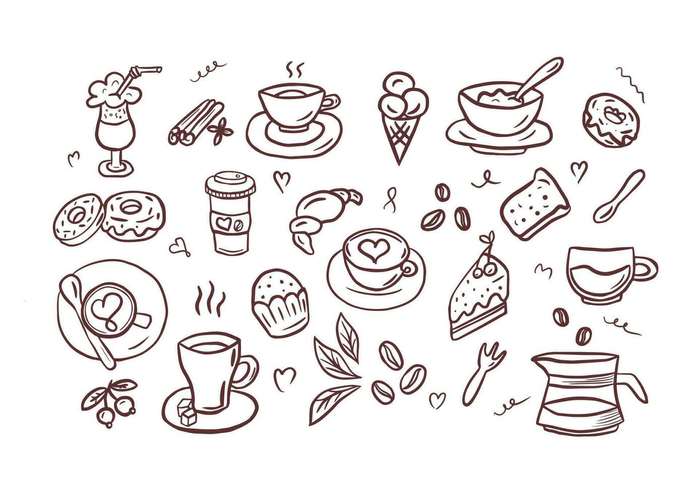 Vector illustration on the theme of coffee and desserts, coffee time collection in doodle style.Coffeeshop collection drawn hand.