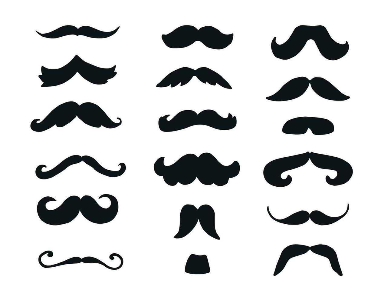 Set of black mustache icons on white background .Vector illustration.Hand made, curved lines. vector