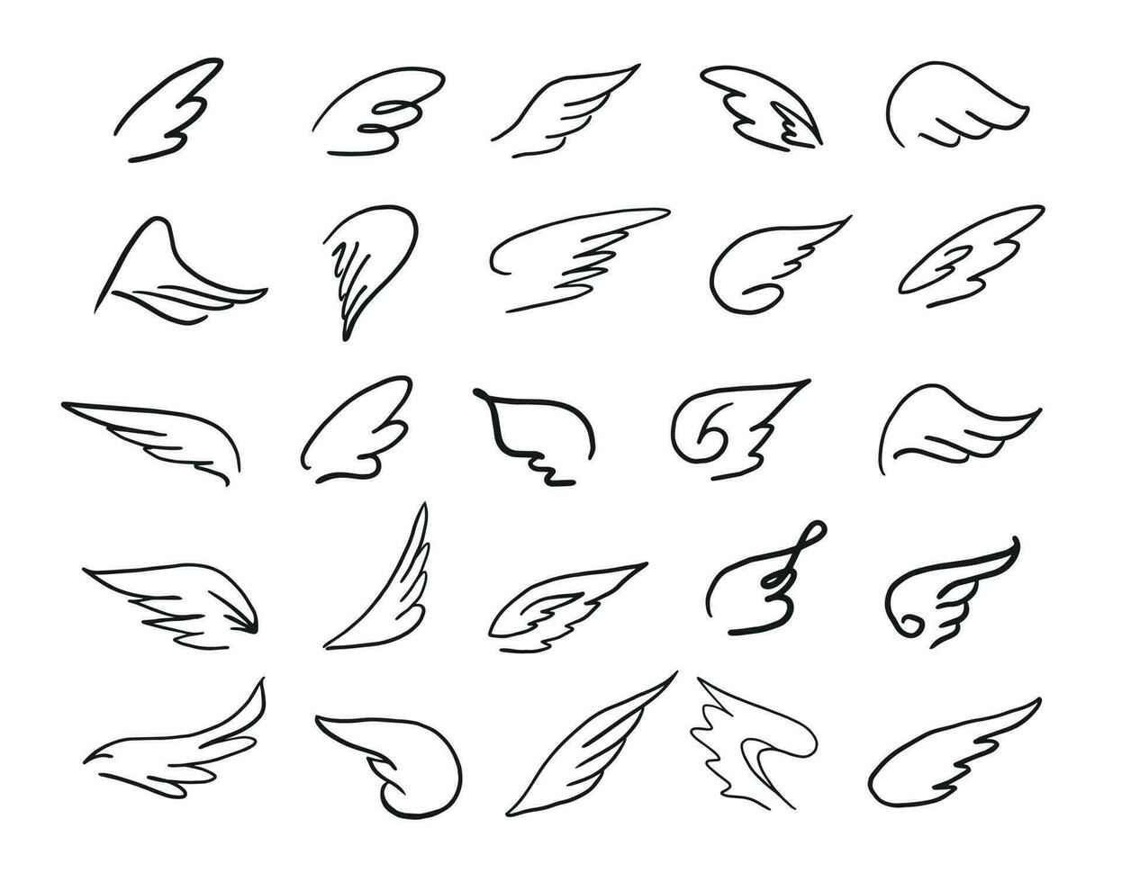 Set of decorative ornaments of wings hand drawn in doodle style vector