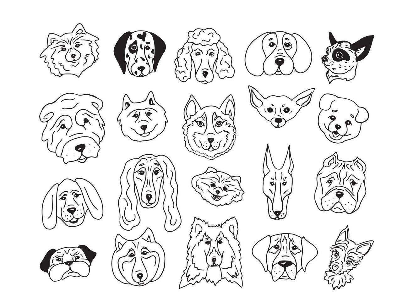 Set of heads of different breeds dogs. vector