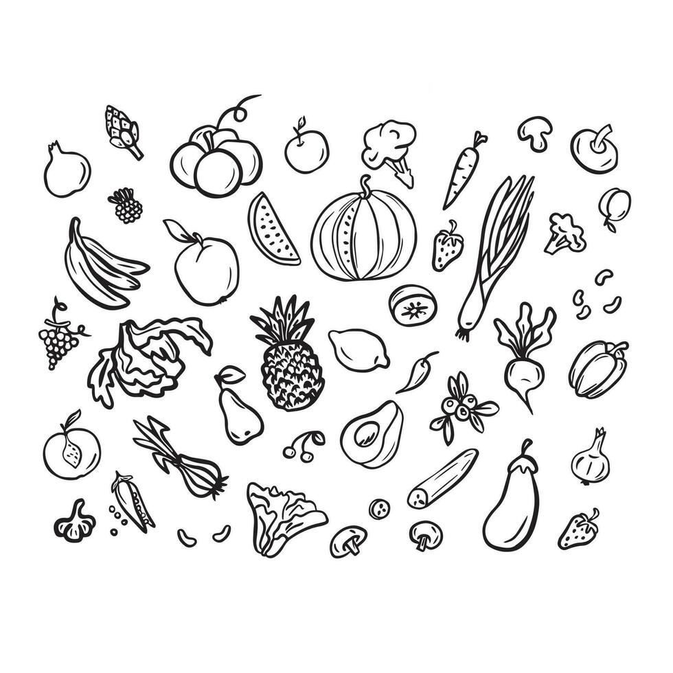 Vegetables and fruits doodle drawing set. Vegetables such as carrots, mushrooms, cucumbers, cabbage, potatoes, etc. hand drawn doodle vector illustrations in black isolated on white background.
