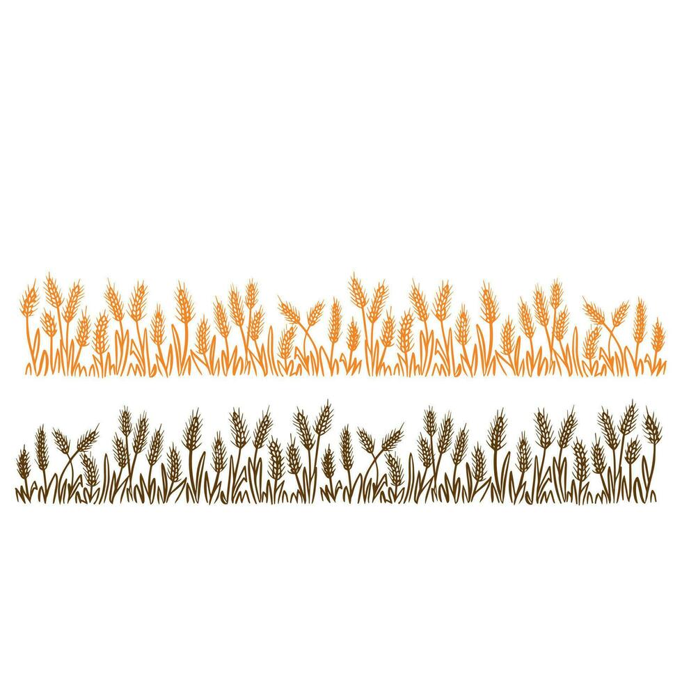 Wild ears of wheat andherb, grass.Cereal corn hand made.Vector illustration.Brown and black lines on a white background.Isolated hand drawn pictures.Rye drawn in one line for the frame vector