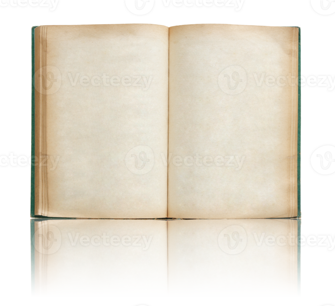 vecchio libro Aperto isolato con riflettere pavimento per modello png