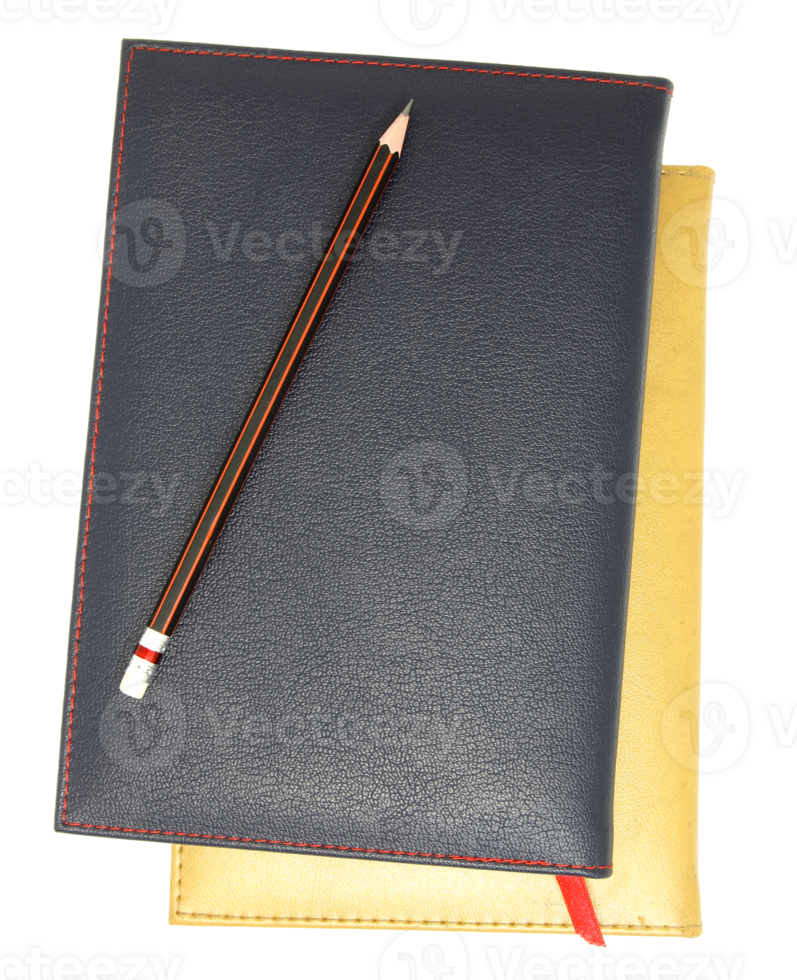 stack of leather notebook and pencil isolated with clipping path for mockup png