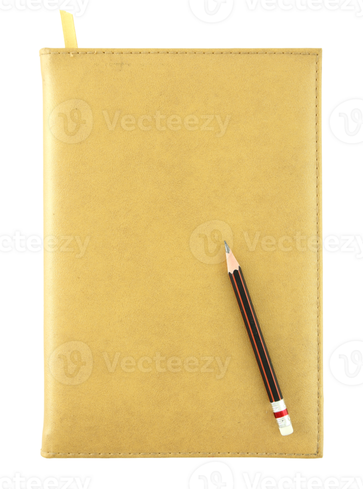 yellow leather notebook and pencil isolated with clipping path for mockup png