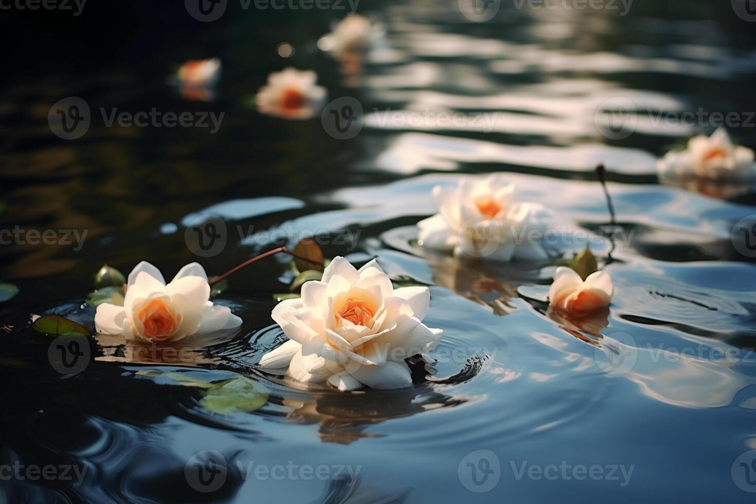 beautiful white and rose flowers floating in the lake. photo