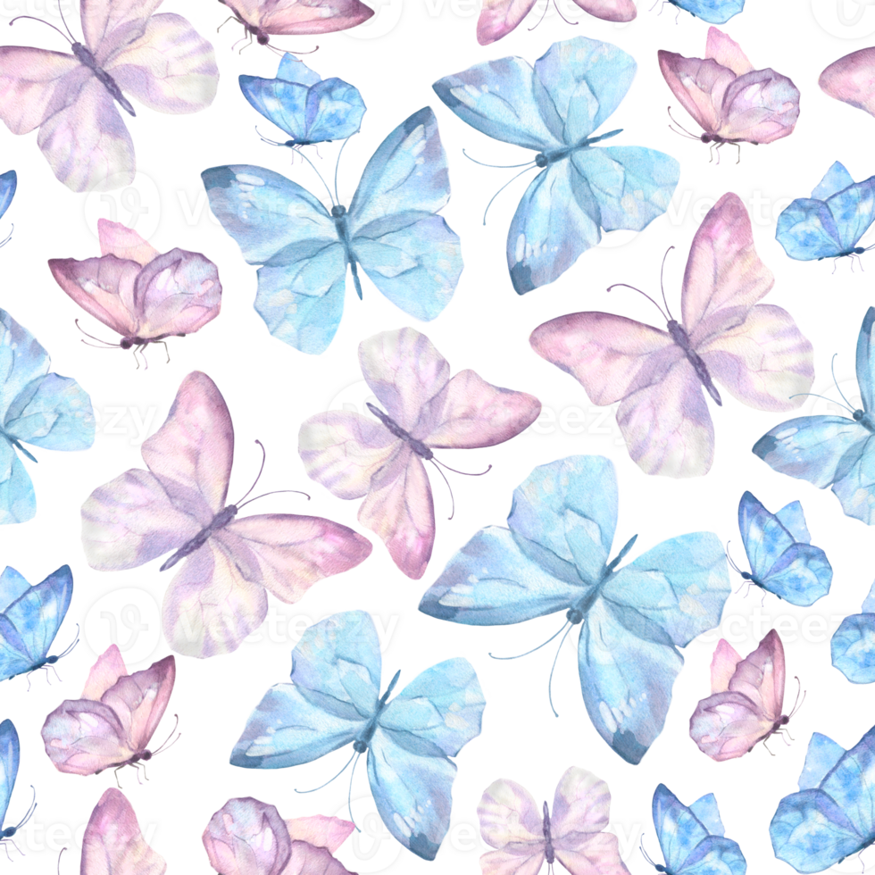 Cute butterflies hand drawn watercolor seamless pattern. Delicate blue and purple color butterflies, watercolor illustration png