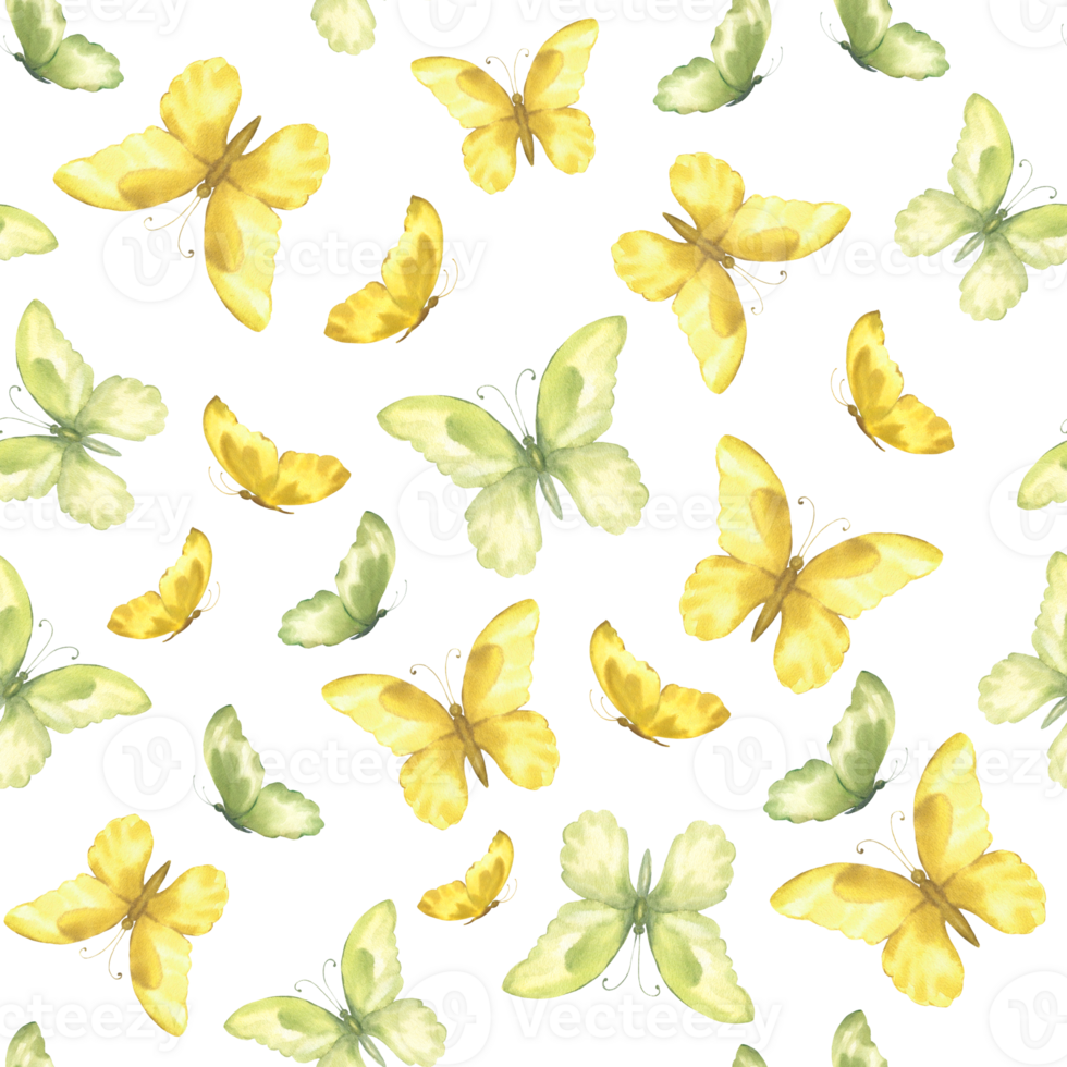 mignonne papillons main tiré aquarelle sans couture modèle. délicat Jaune et vert Couleur papillons, aquarelle illustration png