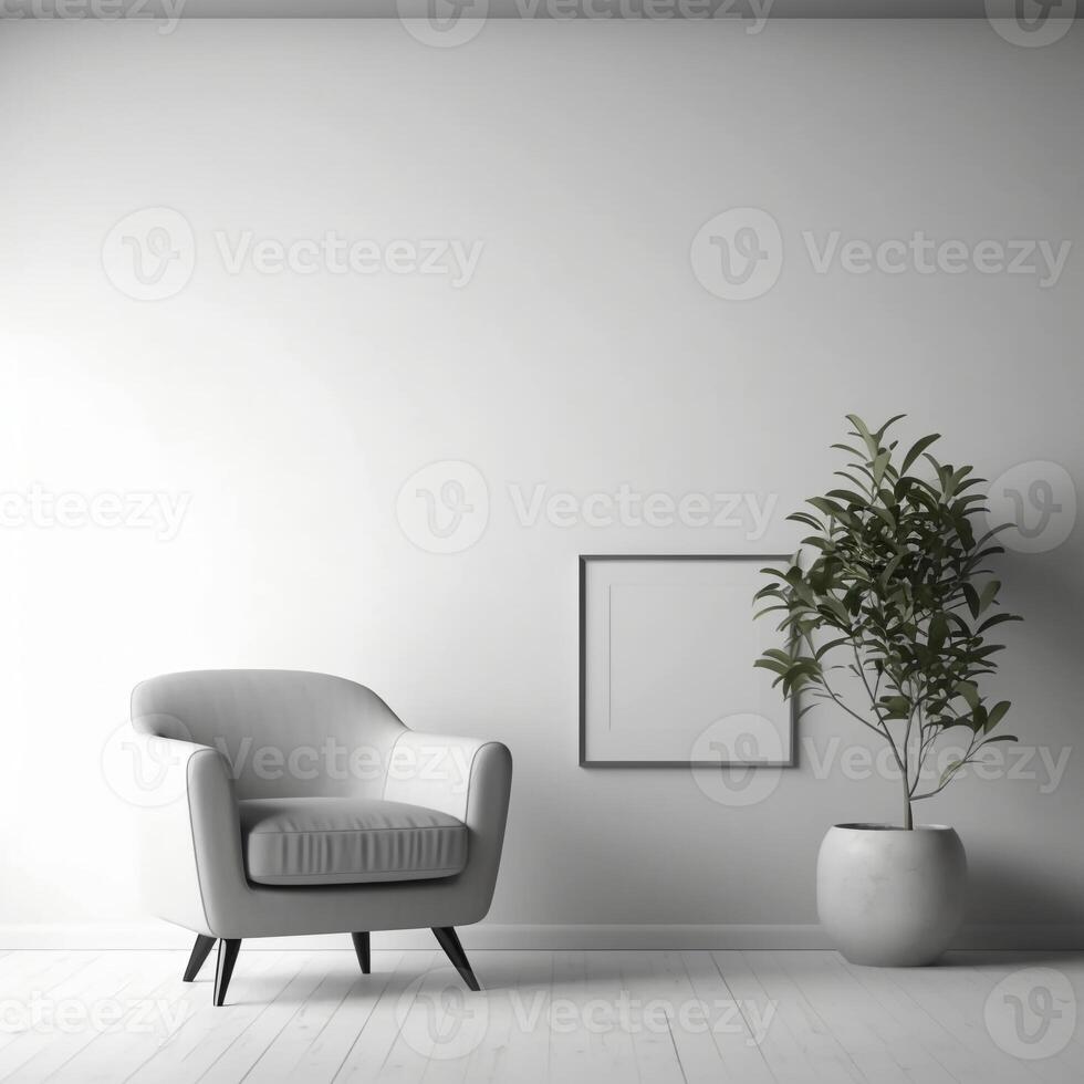 Modern minimalist interior with an armchair on empty white color wall background. photo