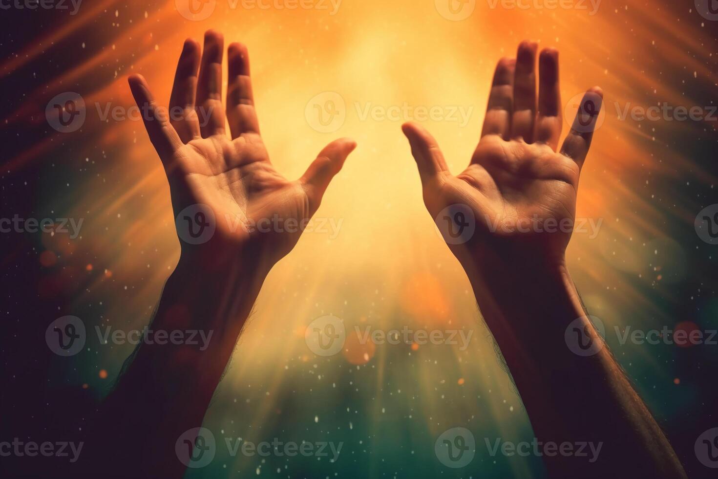 Human hands open palm up worship with faith in religion and belief in God on blessing background. photo