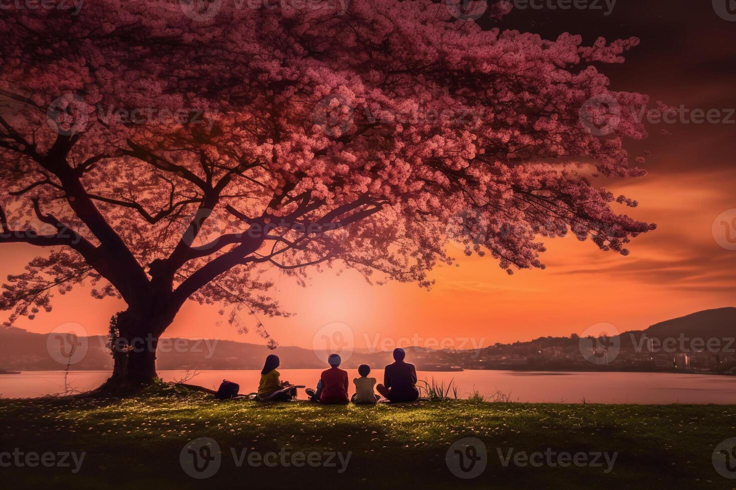 the silhouette of a family enjoying a picnic under a cherry blossom tree in sunset sky. photo