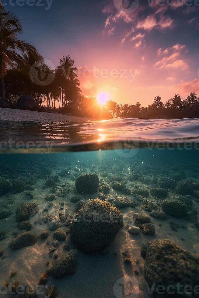 Photograph of beautiful inviting beach scene with pink sunset sky. photo