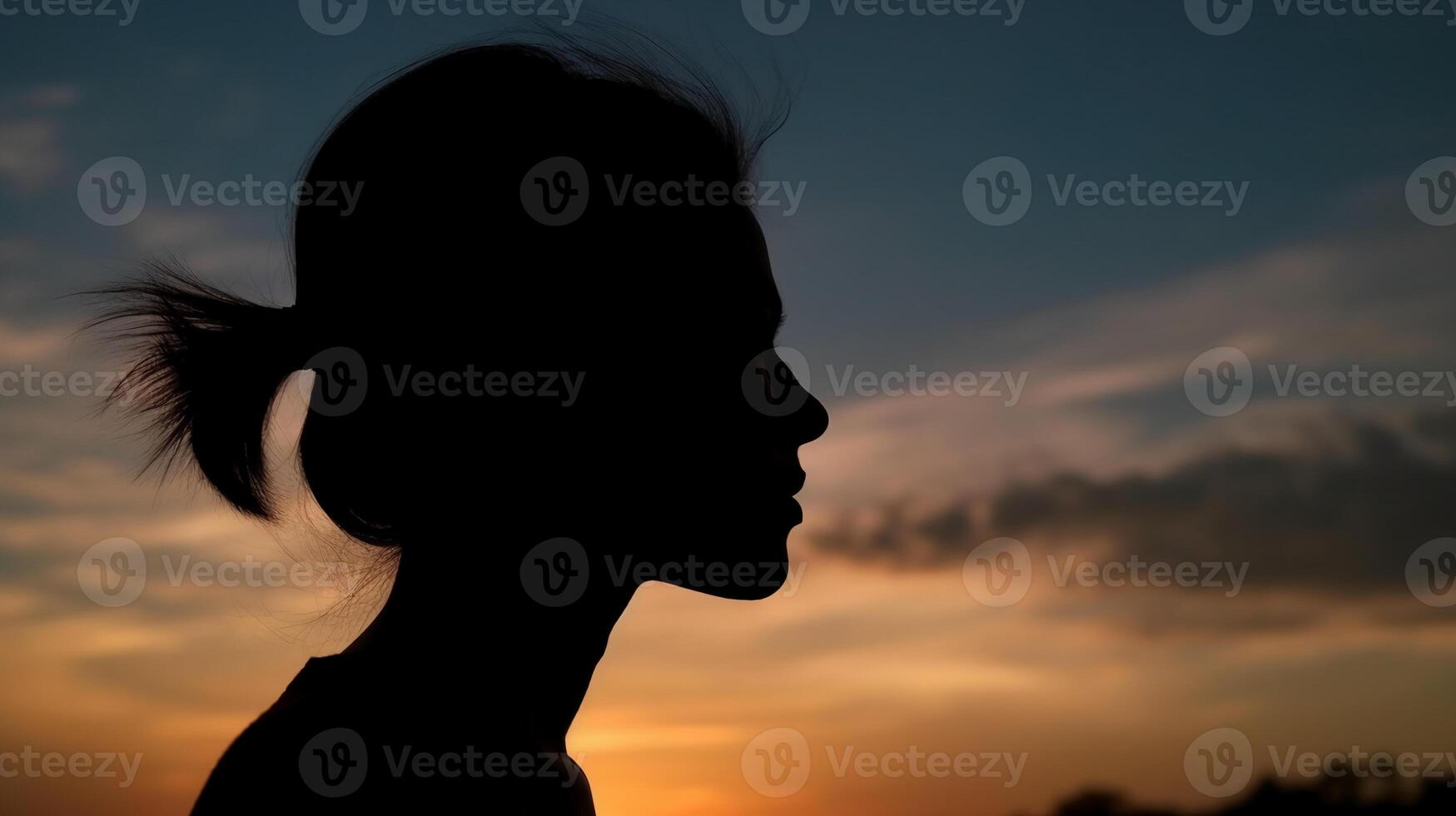 Side view, Silhouette of the face, a person, low angle, blurred fresh dawn sky. photo