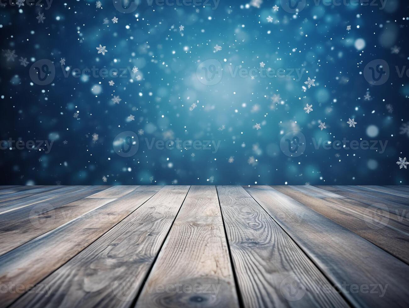 Winter snowy stage background with wooden flooring and Christmas lights on blue background, banner format, copy space. photo