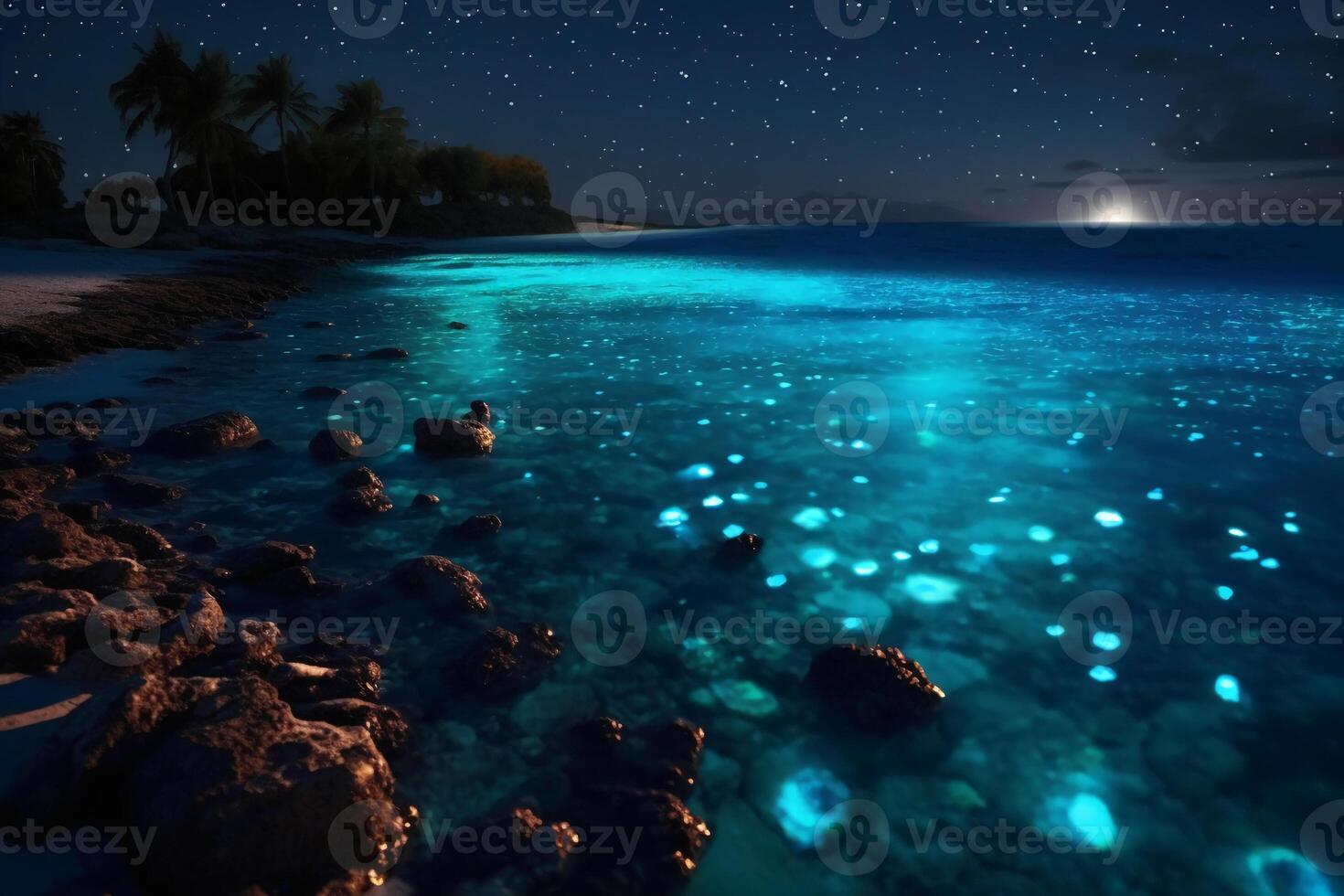 Ocean shore at night, the water is full of dinoflagellates, glowing with millions bright blue neon glow in the dark tiny dots. photo