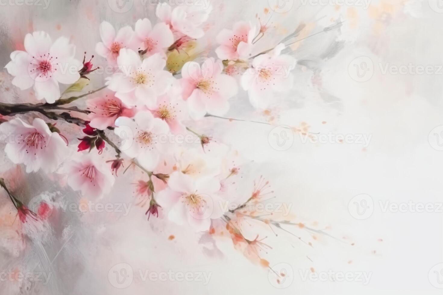 White background, copyspace, watercolor, Cherry Blossom Spring,. photo