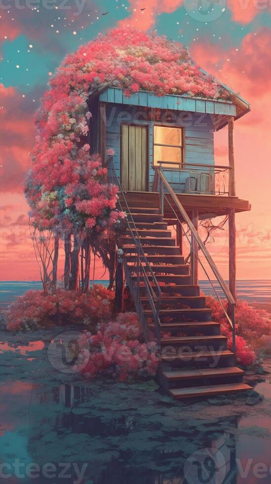 the stairs of a wooden house with 1000 roses on it, in the style of light pink and white, sunset, a busy city and beach in the distance. photo