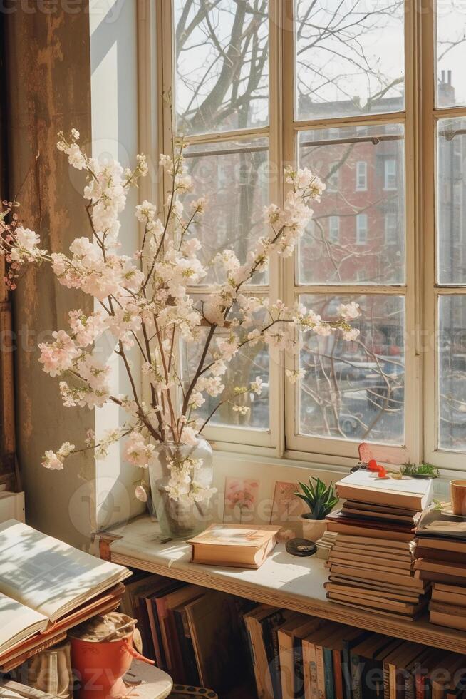 A photo of photobooks next to a big window.