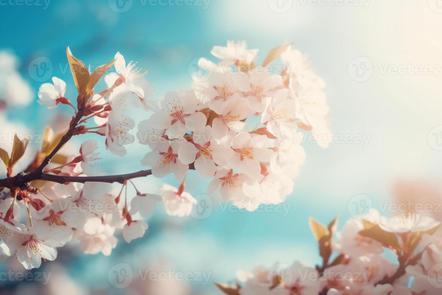 Cherry Blossom Spring Blue Sky Background. photo