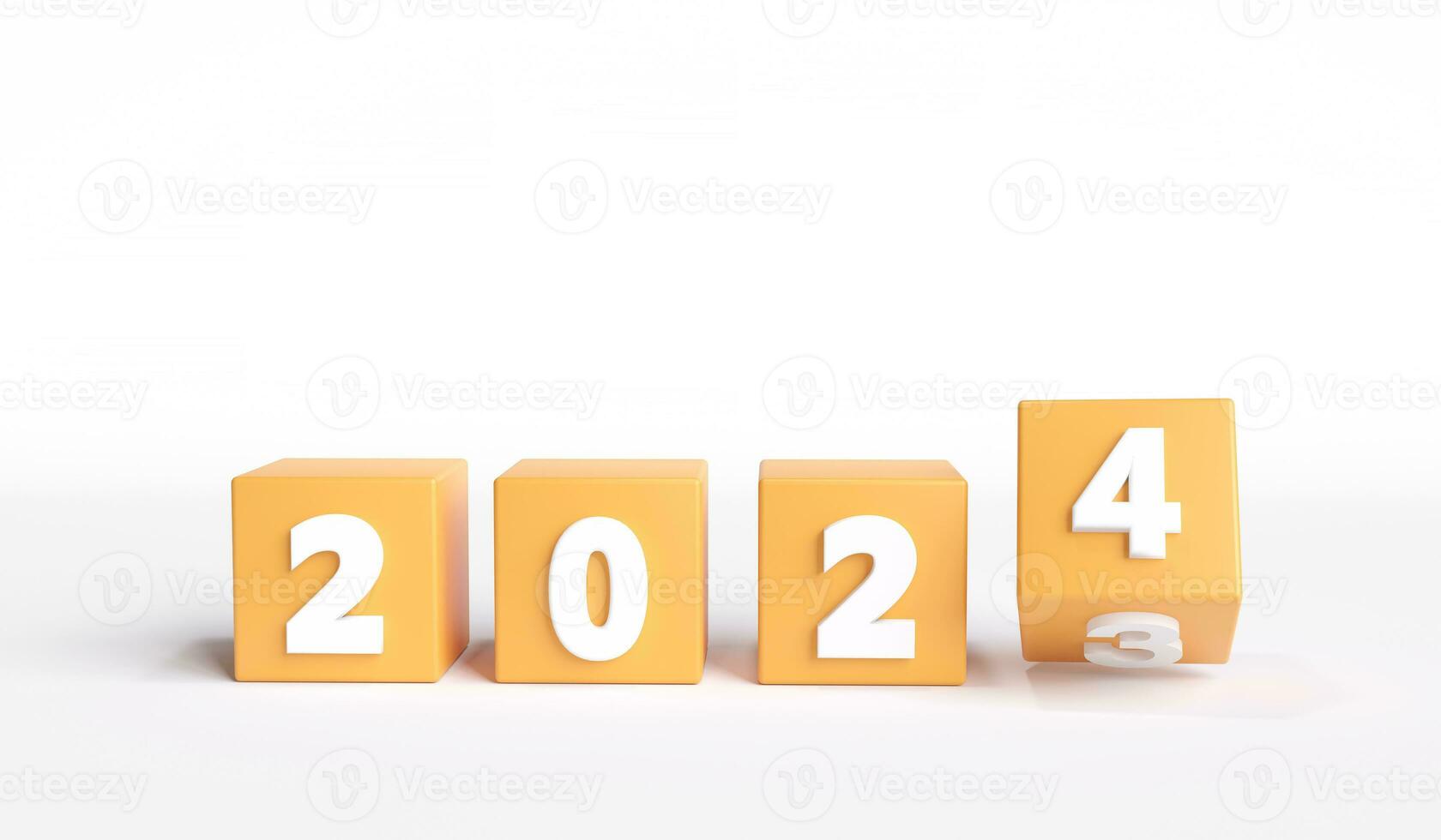 yellow cube with 2023 flips over, replaced by the latest 2024 on white background. copy space New year ideas and goals to get started. photo