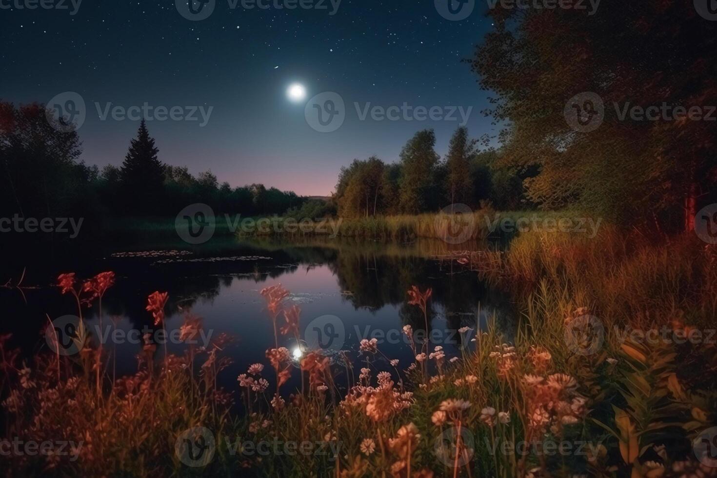 Night landscape environment harvest moon over a glittering lake lush vegetation birchwood trees, flowers, magical galaxy. photo