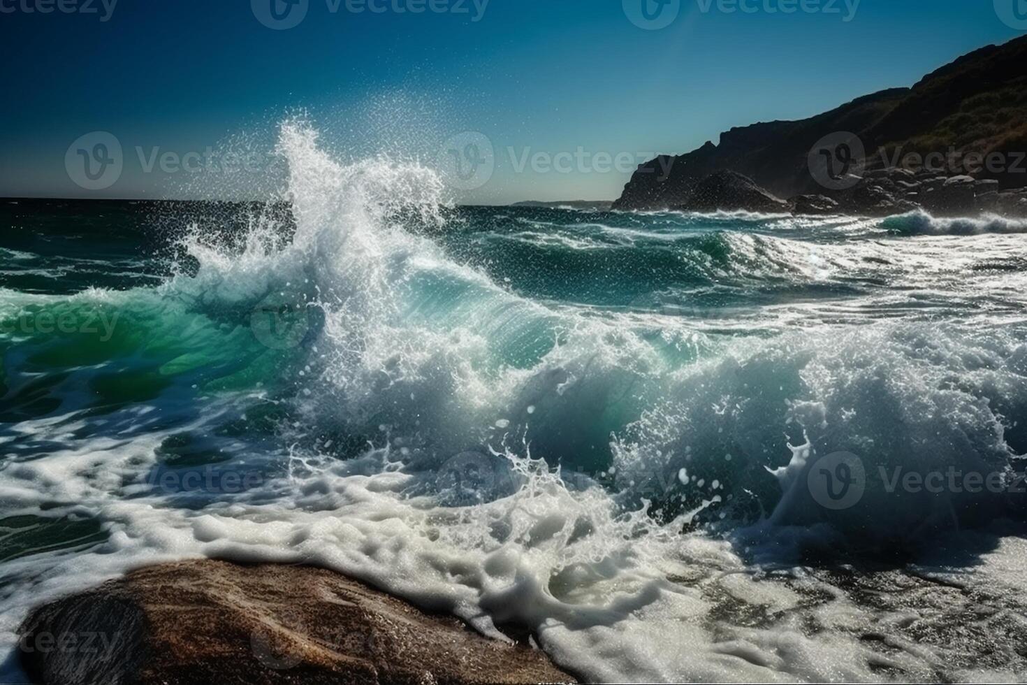 Sunny day, Beauty of marine nature, strength and power of the water element in form of a large turquoise sea wave crashing on shore. photo