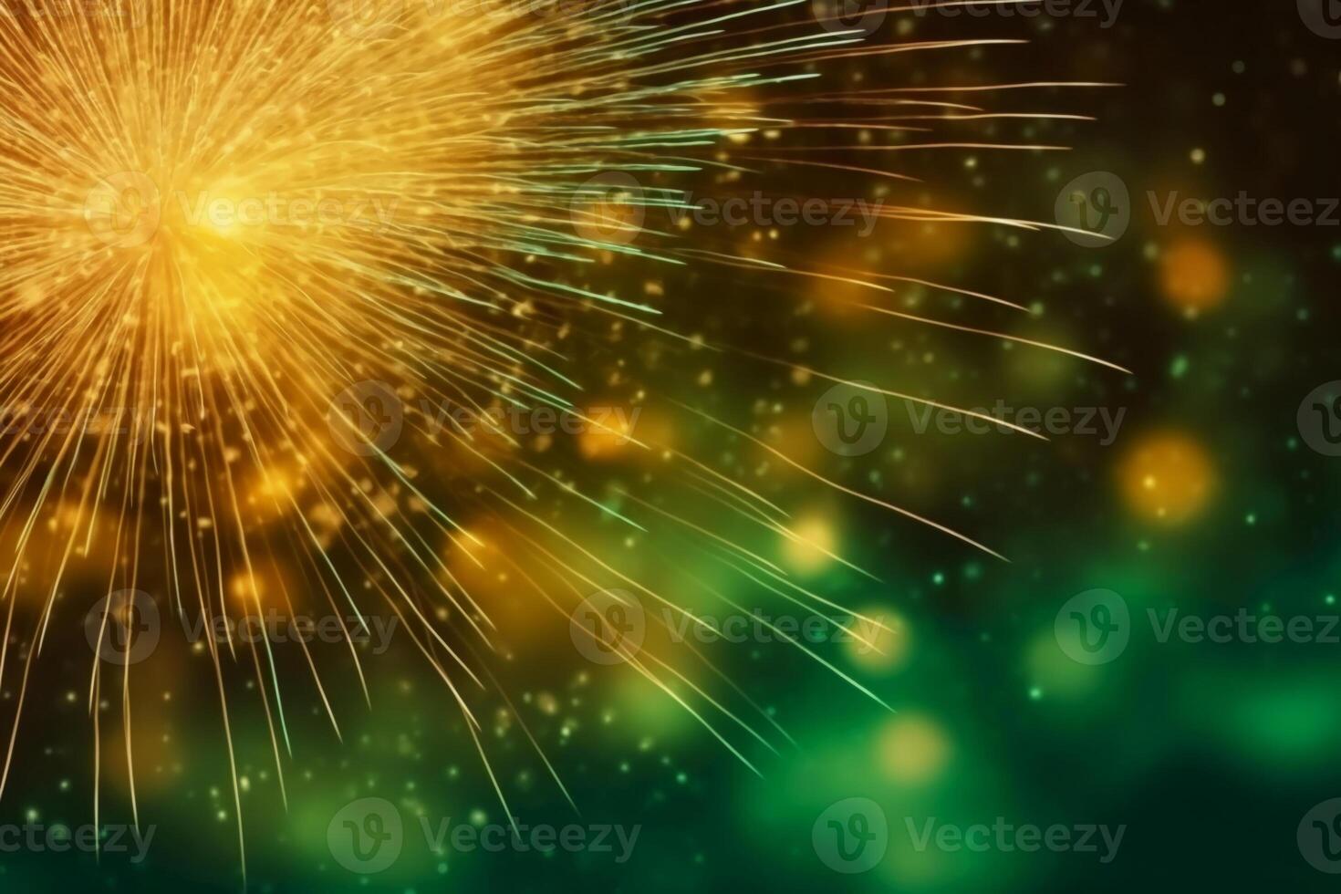Gold and green Fireworks and bokeh in New Year eve and copy space. Abstract background holiday. photo
