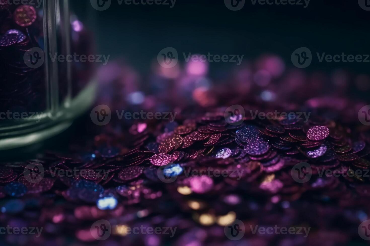 Sparkling Glitter abstract background dark purple saturated color, de - focused, macro. Sequins fall and sparkle, round bokeh. photo