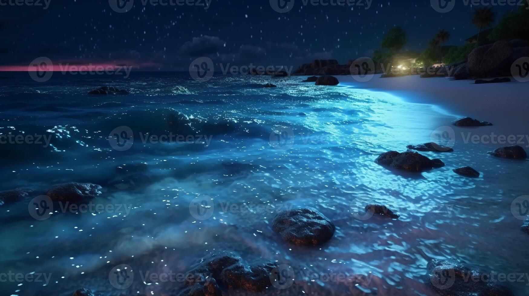 Ocean shore at night, the water is full of dinoflagellates, glowing with millions bright blue neon glow in the dark tiny dots. photo