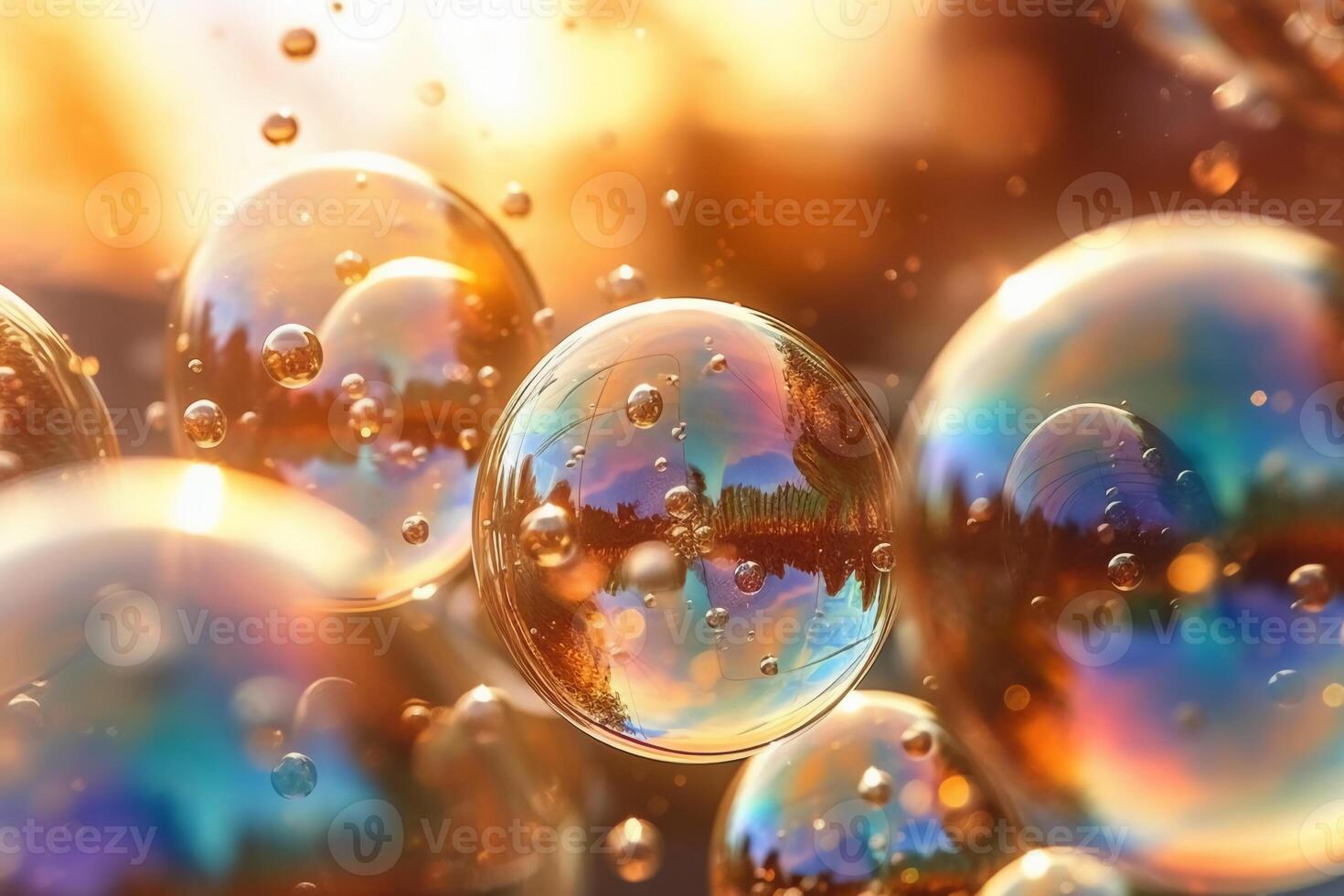 Soap bubbles against a blurred light background. photo