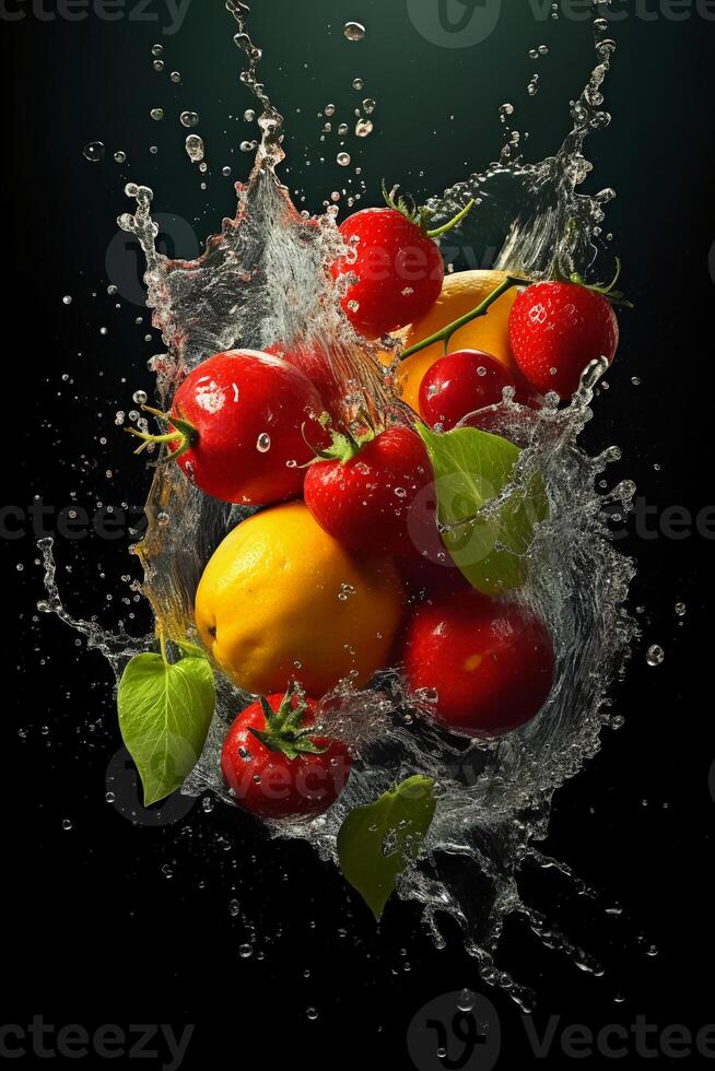 fresh fruits, splash, vibrant colors. photo