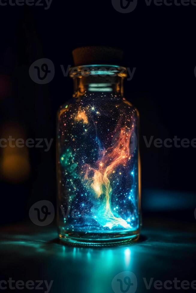 Glowing galaxy in a glass bottle. photo