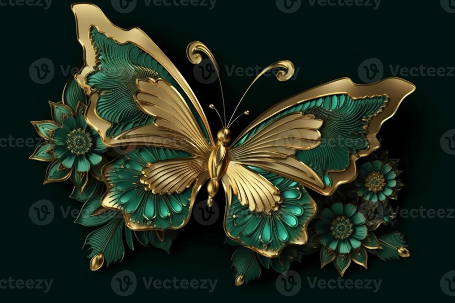 abstract floral background with green flowers and golden butterfly. photo