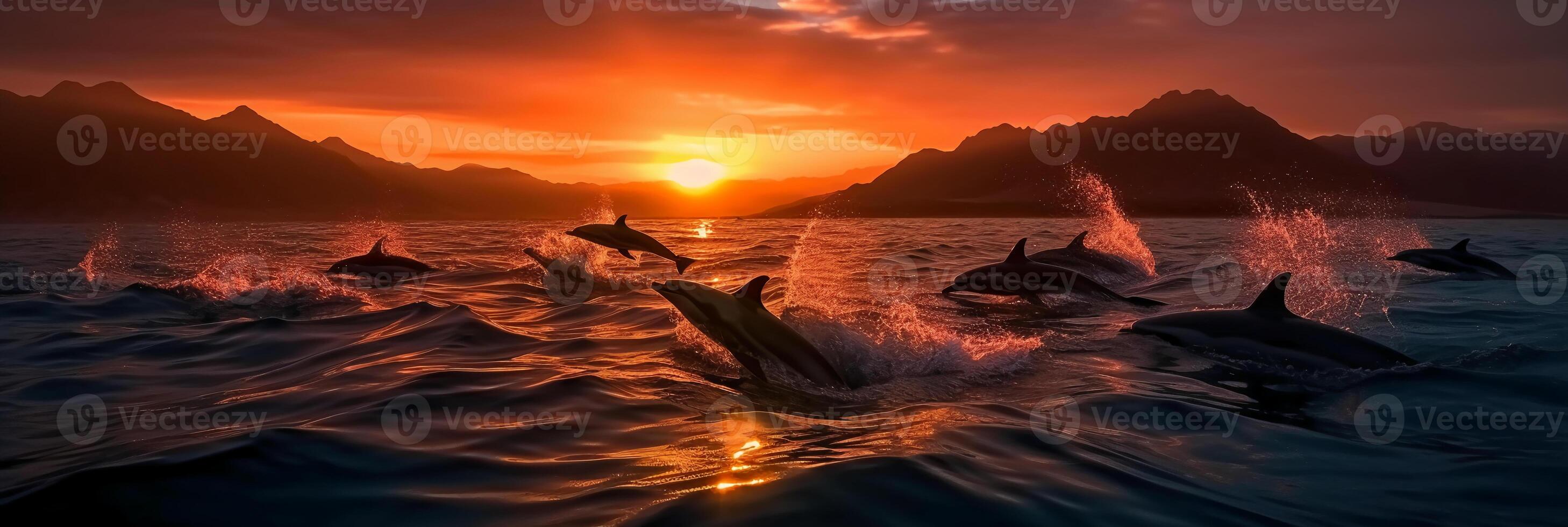 angle shot of a pod of dolphins leaping out of the water in unison with the backdrop of majestic mountains and a vibrant sunset. photo