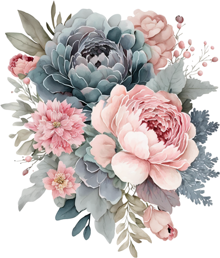 dammig blå och rosa rodna rosa reste sig, ranunkel, dahlia, pion, hortensia, enbär, protea blommor vattenfärg t-shirt design, transparent bakgrund, ai genererad png