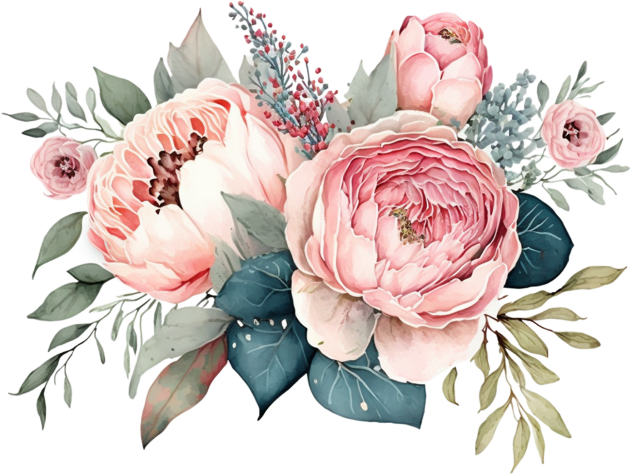 polvoriento azul y rosado sonrojo rosado rosa, ranúnculo, dalia, peonía, hortensia, enebro, protea flores acuarela camiseta diseño, transparente fondo, ai generado png