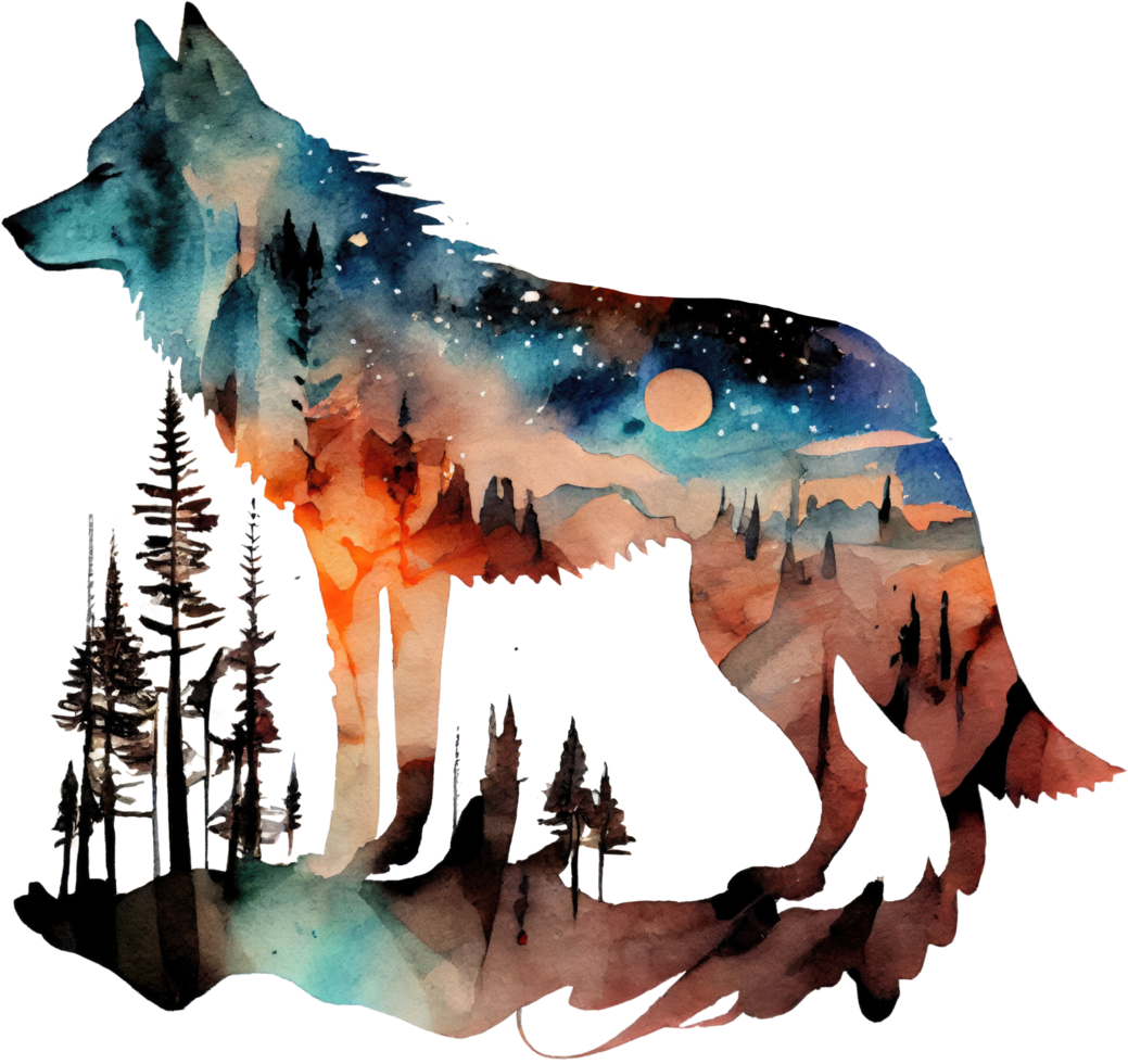 Abstract Forest Wolf Sublimation Watercolor t-shirt design, transparent background, png