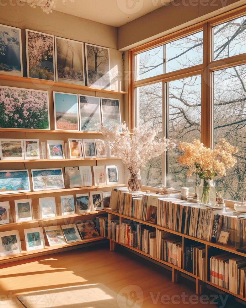 A photo of photobooks next to a big window.