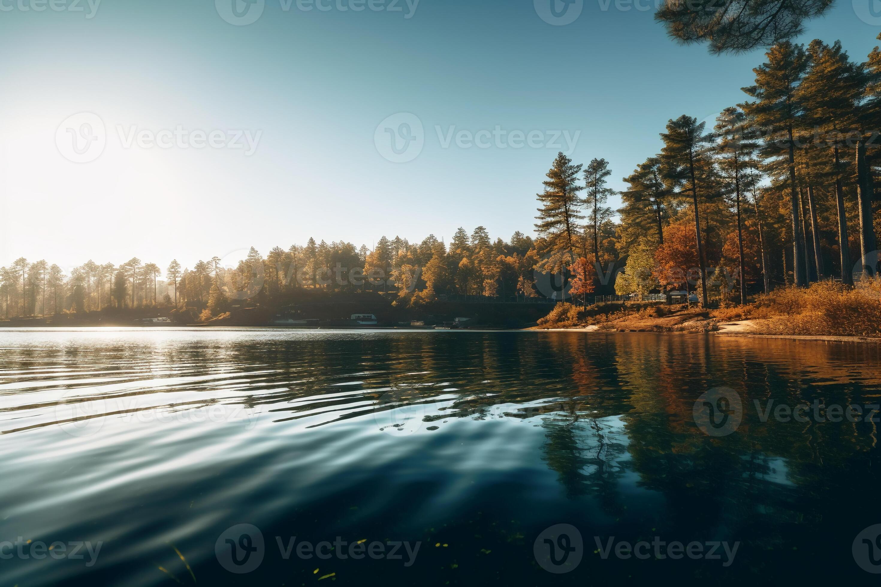 Lake, crisp radiant reflections, sunlight gleaming. AI generative 24172807  Stock Photo at Vecteezy