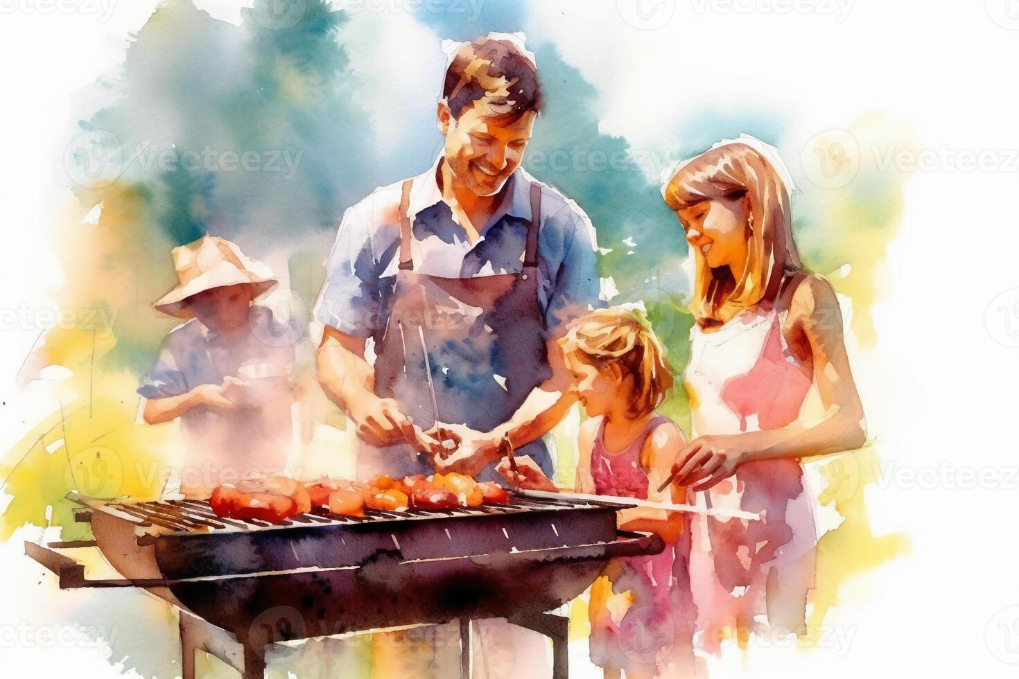 A vibrant and lively picture depicting a father grilling and enjoying a barbecue with his family. photo