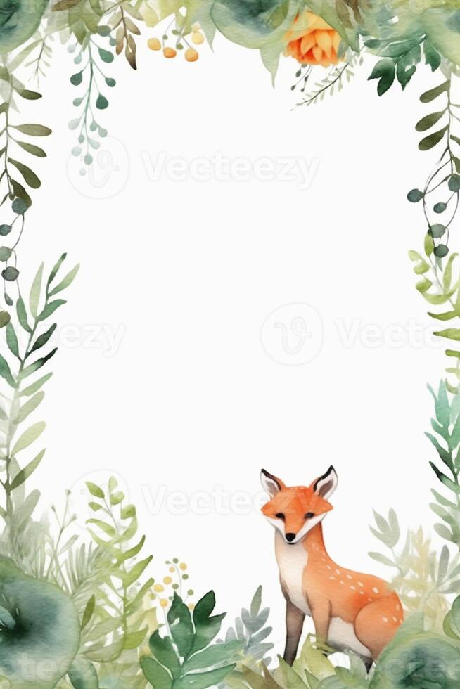 White background with simple leaves in corner with cute forest animals watercolor style. photo