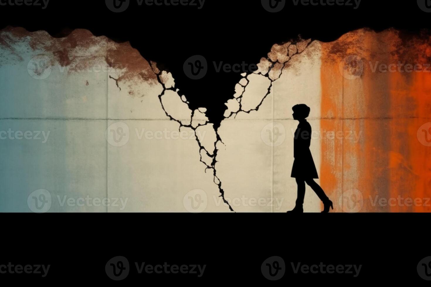 The silhouette of a broken lover walking in different directions. photo