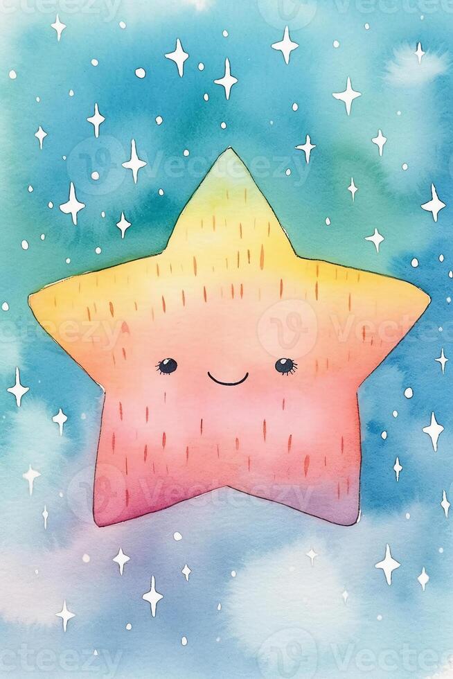 A watercolor painting of a rainbow and stars print. photo