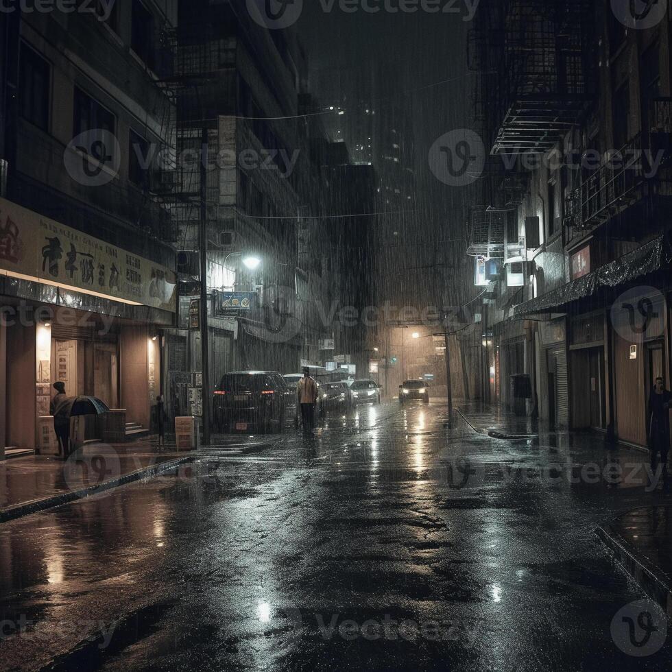 Heavy Rain and Dark Night in the Urban. photo