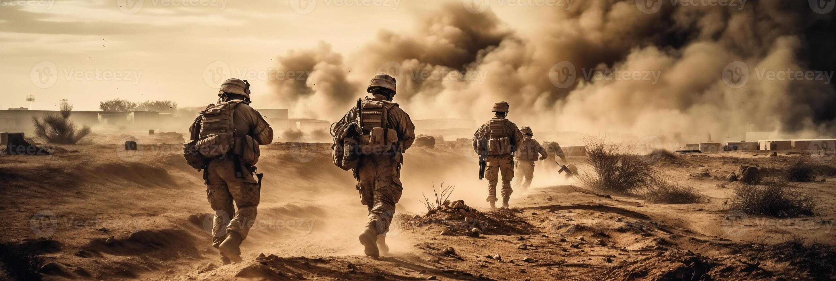 Military special forces soldiers crosses destroyed warzone through fire and smoke in the desert, photo