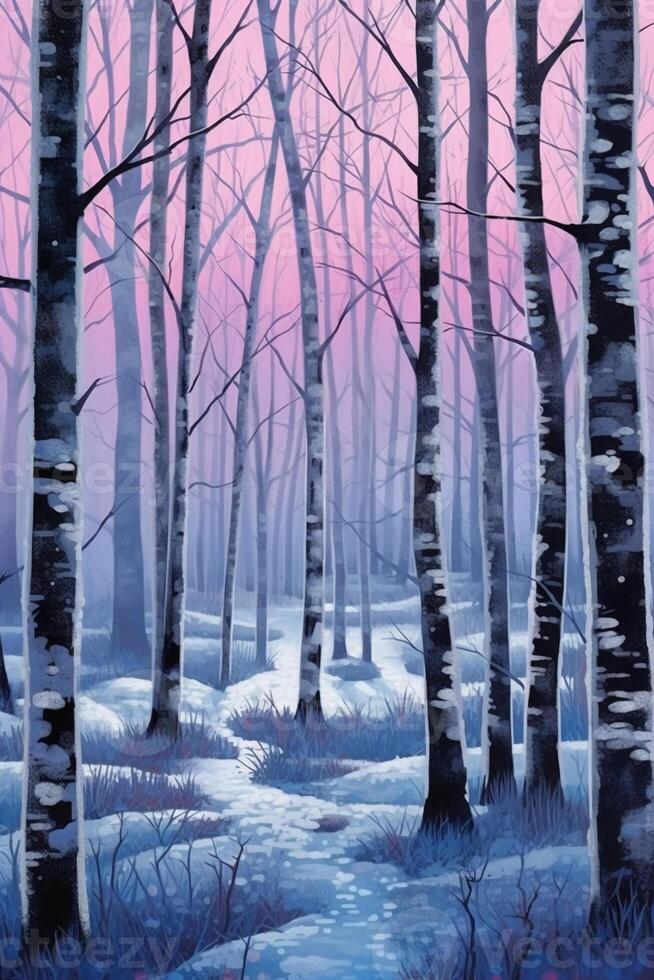 Birch trees in winter fine art print in the style. photo