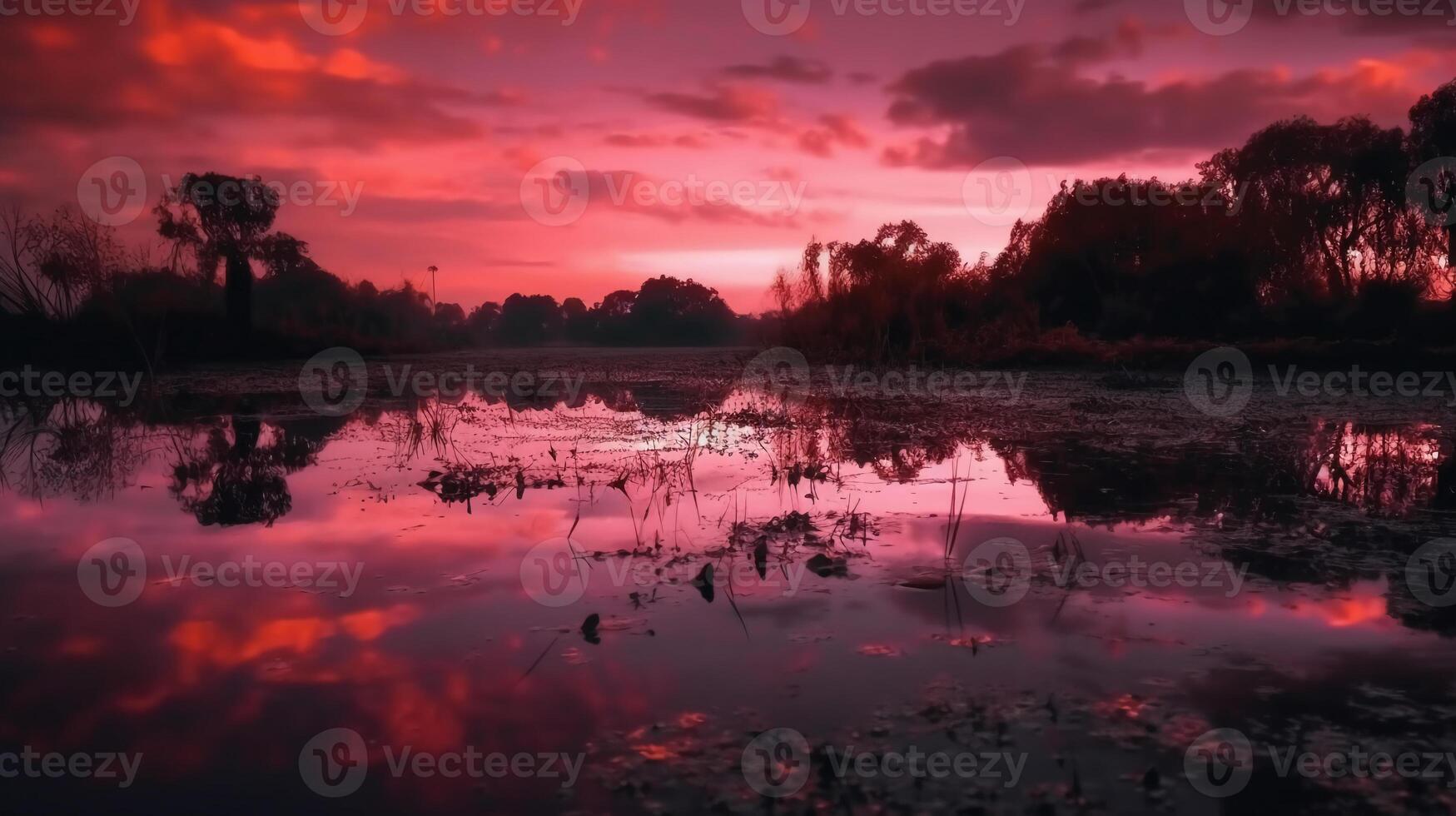 A scene in which the entire pink sky is reflected in the water. photo