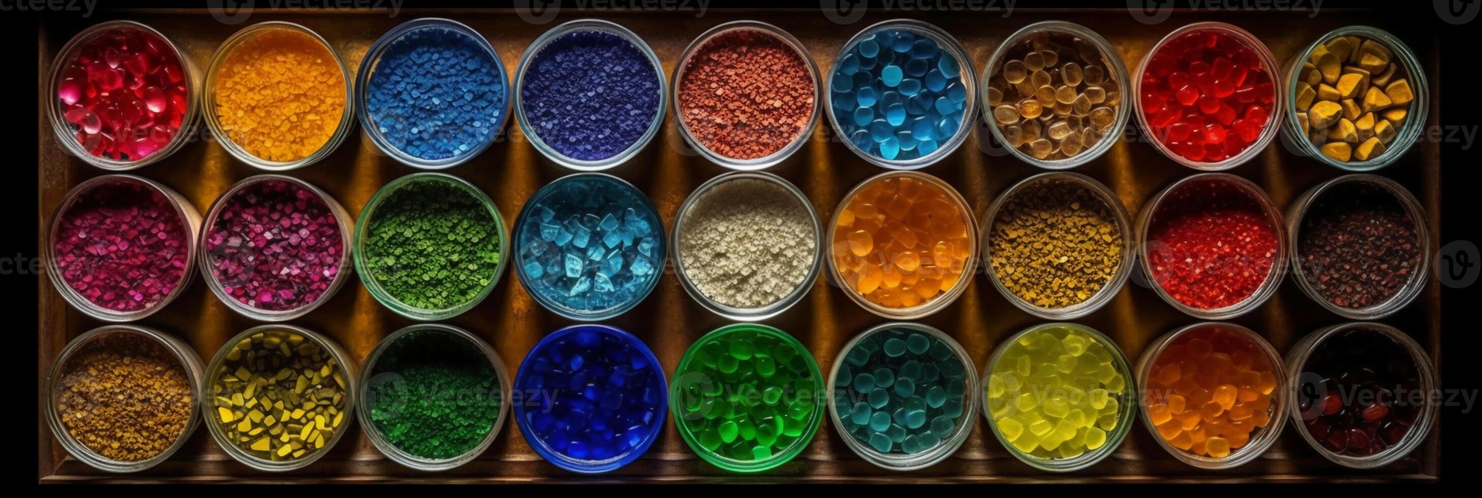 top view, aerial view, bowls of gemstones of the color of the rainbow. photo