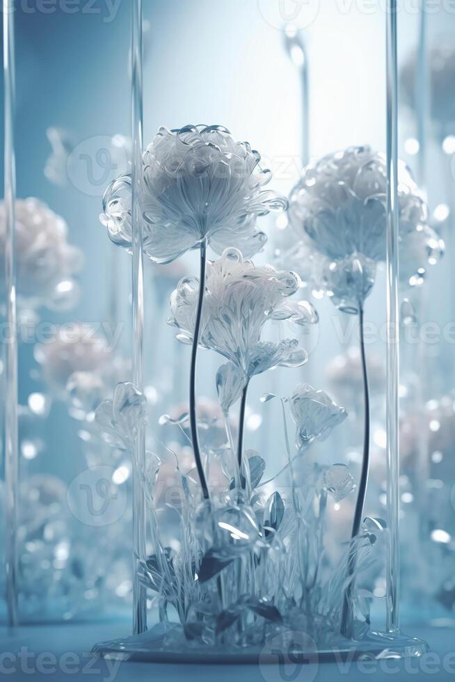 Translucent futuristic inorganic flowers, white background, behance, c4d, blender, OC renderer, dribble, high detail, 8k, studio lighting, art award, Cinema Lights. photo