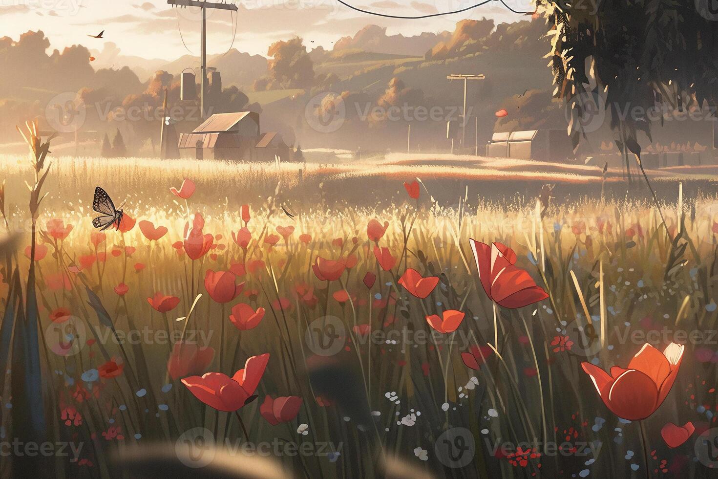 Natural landscape with blooming field of poppies at sunset. photo